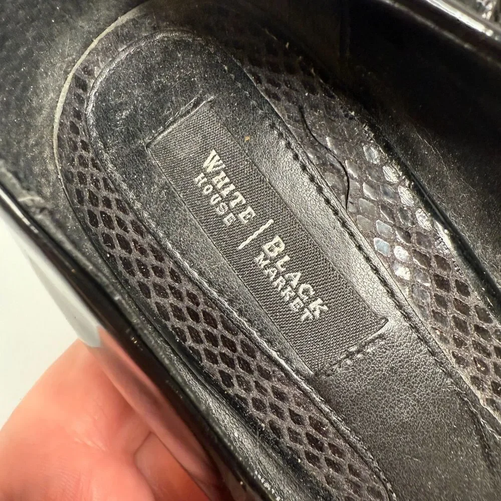 White House Black Market Black Leather Open-Toe Heel 3.5″ Size 7.5M Leather